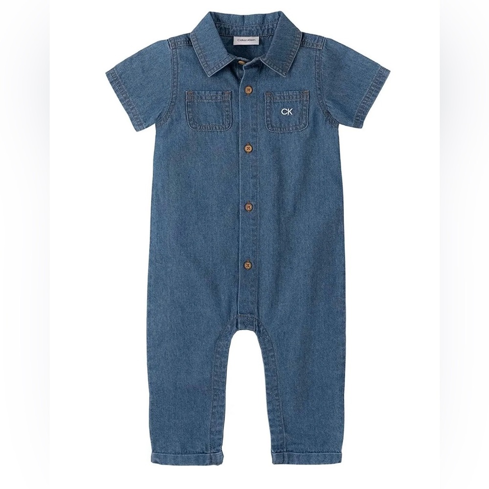 NWT Calvin Klein blue button-up denim overalls white CK logo/ Size: 6/9 months